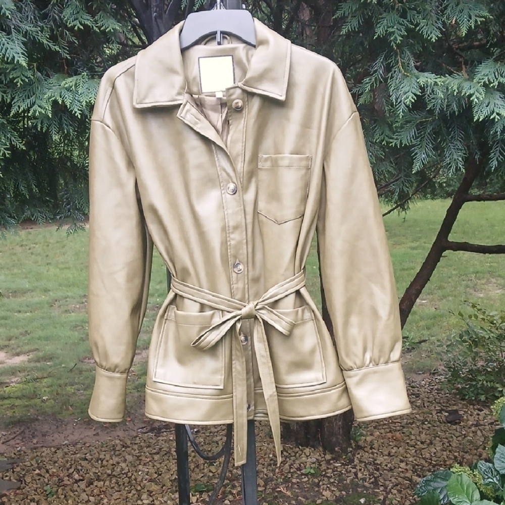 BAGATELLE COLLECTION Faux Leather Blazer Jacket Bayleaf Sz S NWOT QUIET LUXURY